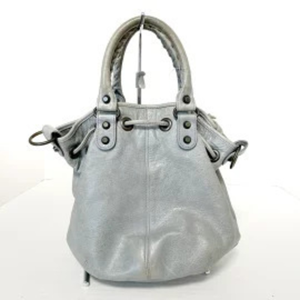 Balenciaga Blue Leather Gray Handbag Pom Drawstring Blue Gray